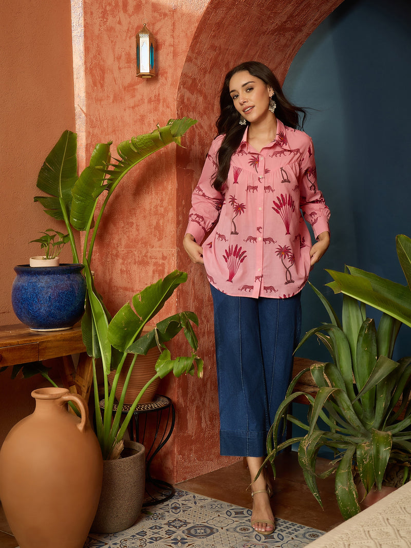 Stylum Women's Pink Palm Tree Printed Cotton Shirt (TOPPINKKARA)