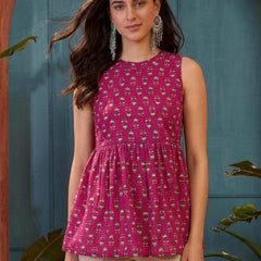 Stylum Women's Pink Buti Printed Cotton Empire Top (TOPPINKMETER)