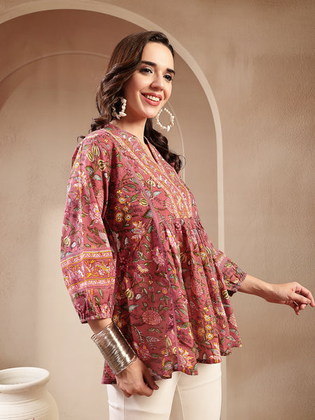 Stylum Women's Pink Floral Printed Cotton Empire Top (TOPPINKRAAGI)