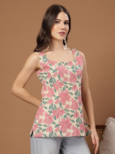 Stylum Women's Pink Floral Printed Cotton Straight Top (TOPPINKRIZZ)