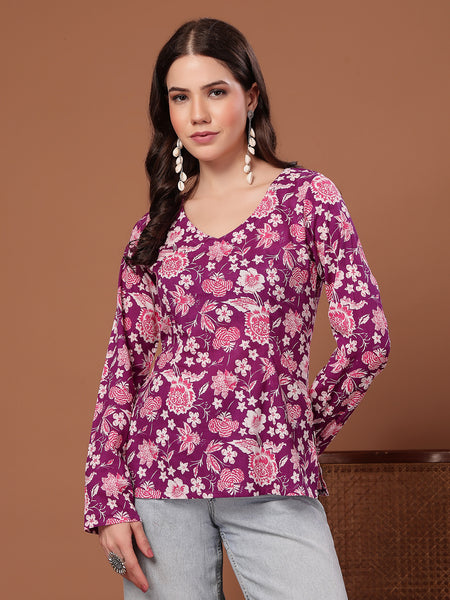 Stylum Women's Purple Floral Printed Cotton Straight Top (TOPPURPLEFIAMA)