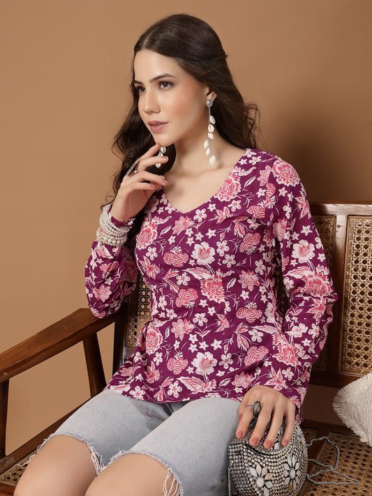 Stylum Women's Purple Floral Printed Cotton Straight Top (TOPPURPLEFIAMA)