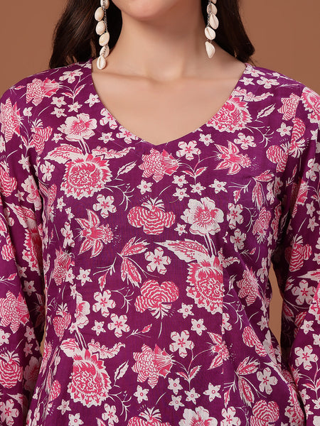 Stylum Women's Purple Floral Printed Cotton Straight Top (TOPPURPLEFIAMA)