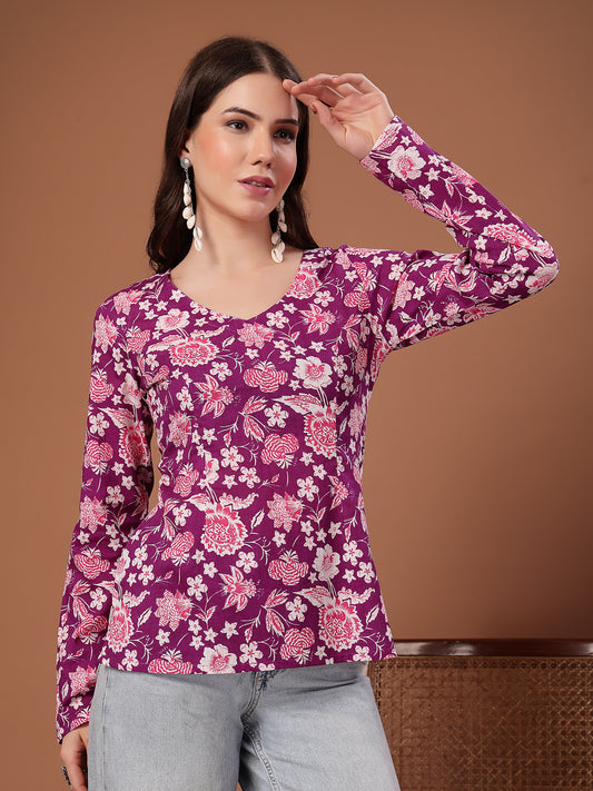 Stylum Women's Purple Floral Printed Cotton Straight Top (TOPPURPLEFIAMA)