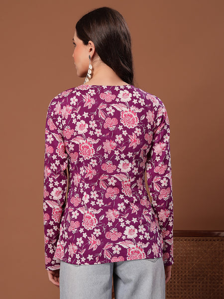 Stylum Women's Purple Floral Printed Cotton Straight Top (TOPPURPLEFIAMA)