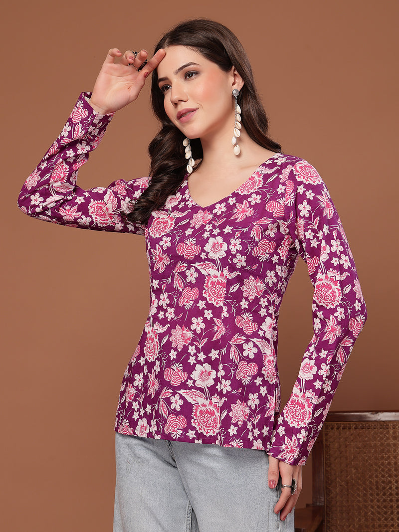 Stylum Women's Purple Floral Printed Cotton Straight Top (TOPPURPLEFIAMA)
