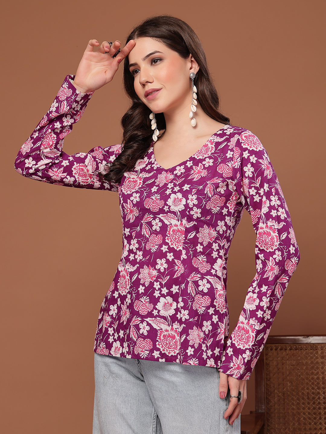Stylum Women's Purple Floral Printed Cotton Straight Top (TOPPURPLEFIAMA)