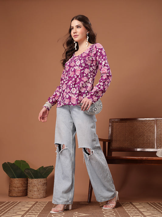 Stylum Women's Purple Floral Printed Cotton Straight Top (TOPPURPLEFIAMA)