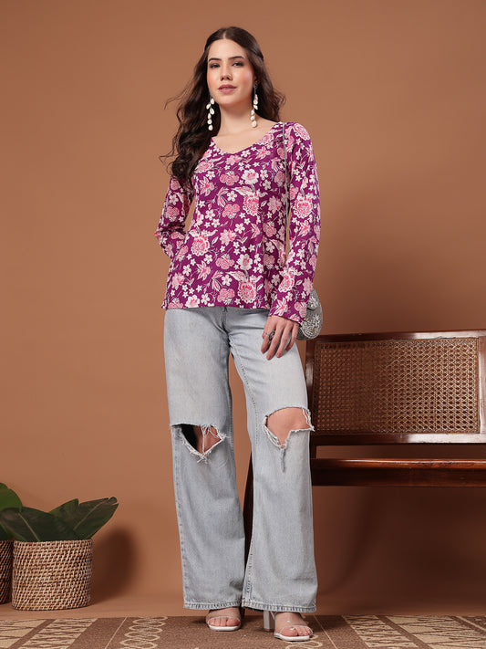 Stylum Women's Purple Floral Printed Cotton Straight Top (TOPPURPLEFIAMA)