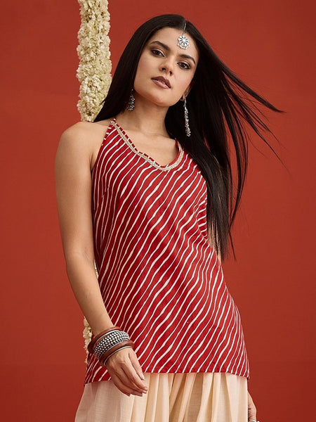 Stylum Women's Red Leheriya Printed Cotton Straight Top (TOPREDAJANTA)