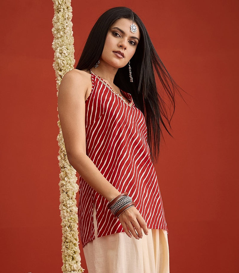 Stylum Women's Red Leheriya Printed Cotton Straight Top (TOPREDAJANTA)