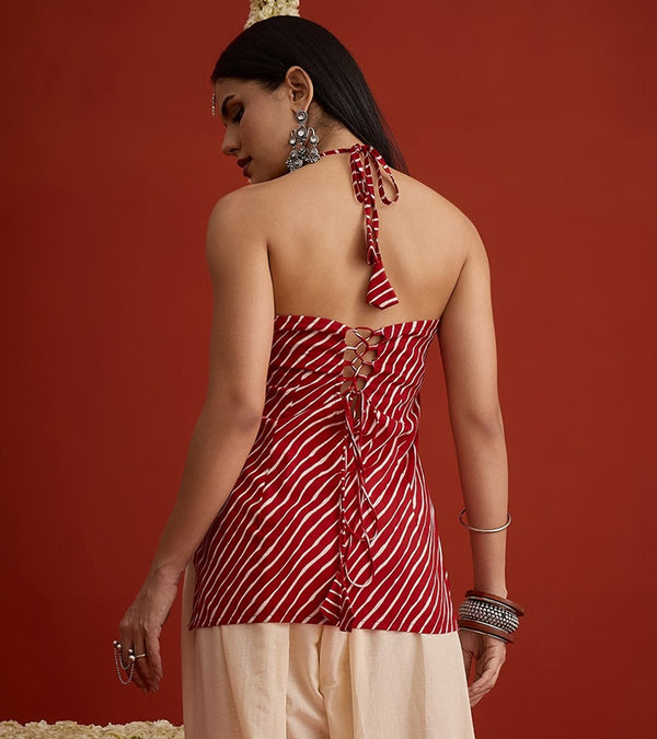 Stylum Women's Red Leheriya Printed Cotton Straight Top (TOPREDAJANTA)