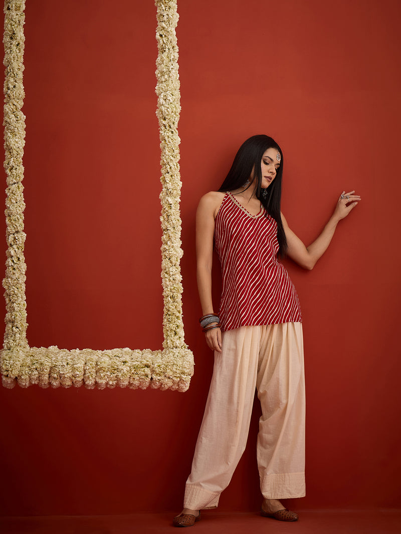 Stylum Women's Red Leheriya Printed Cotton Straight Top (TOPREDAJANTA)
