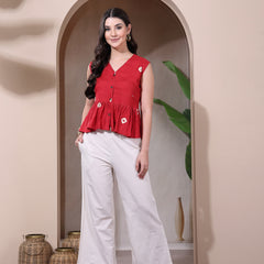 Stylum Women's Red Bandhani Printed Rayon Peplum Top (TOPREDDIMSUM)