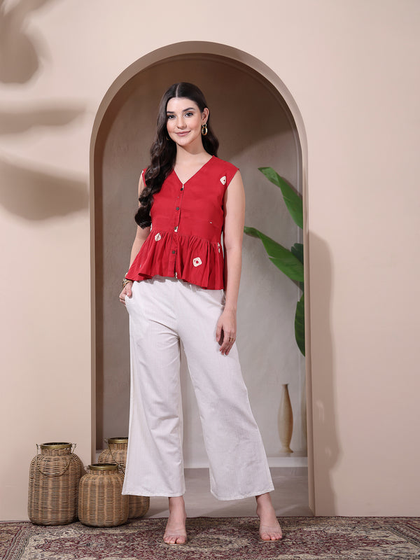 Stylum Women's Red Bandhani Printed Rayon Peplum Top (TOPREDDIMSUM)