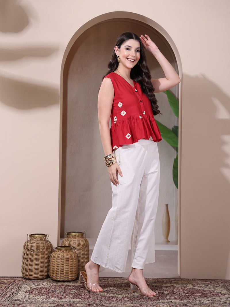 Stylum Women's Red Bandhani Printed Rayon Peplum Top (TOPREDDIMSUM)