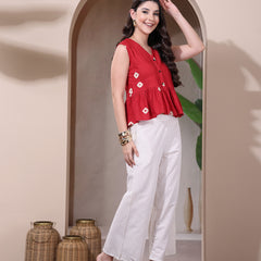 Stylum Women's Red Bandhani Printed Rayon Peplum Top (TOPREDDIMSUM)