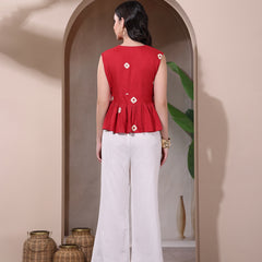 Stylum Women's Red Bandhani Printed Rayon Peplum Top (TOPREDDIMSUM)