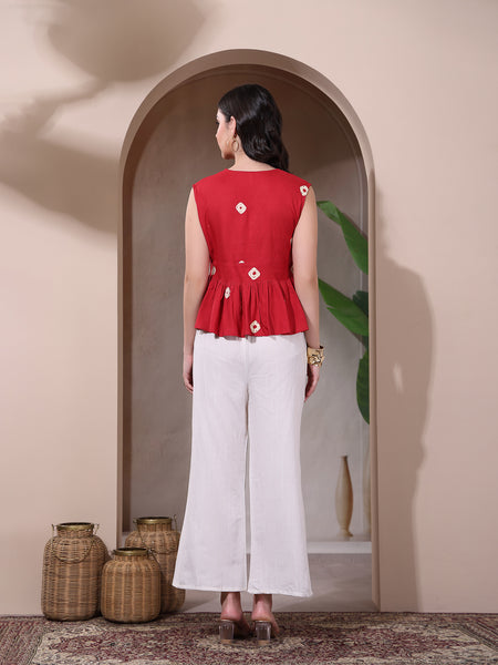 Stylum Women's Red Bandhani Printed Rayon Peplum Top (TOPREDDIMSUM)