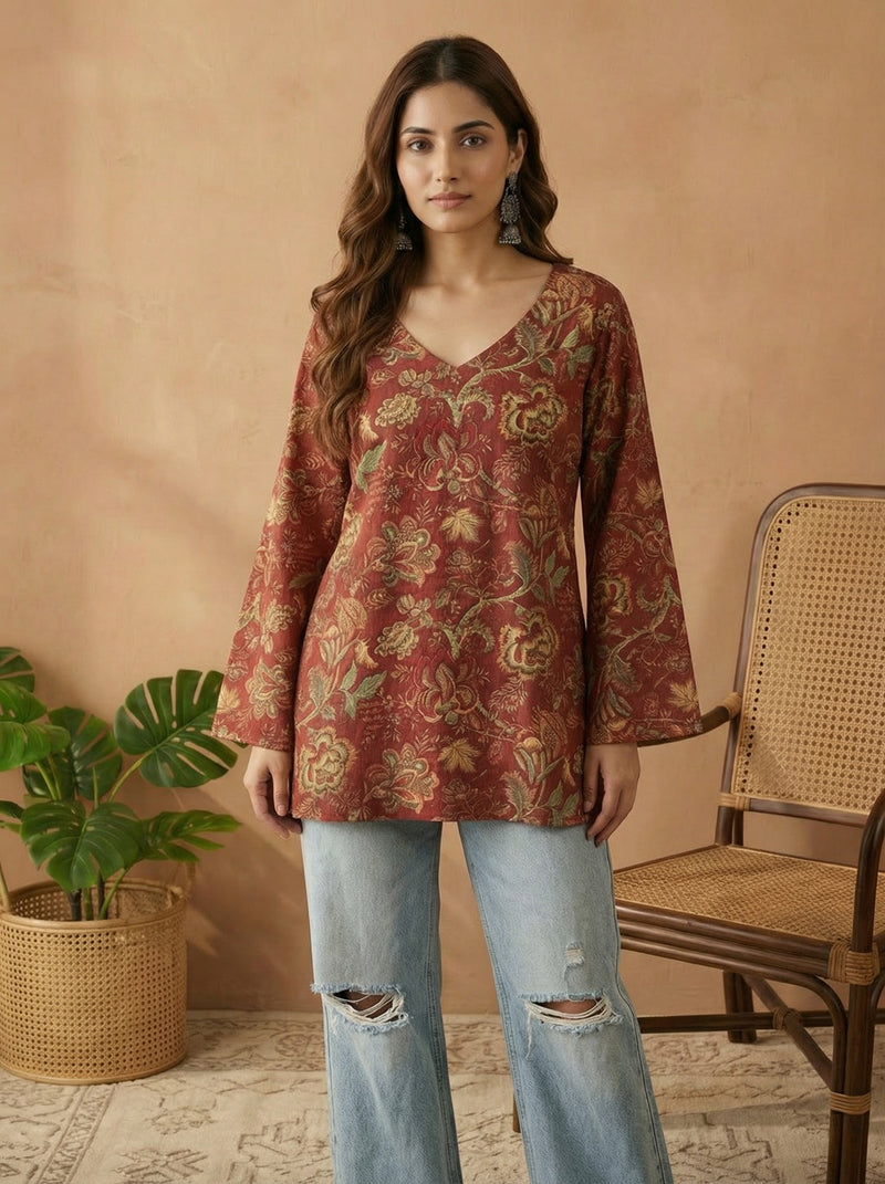 Stylum Women's Red Floral Printed Cotton Straight Top (TOPREDKRISH)