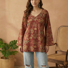 Stylum Women's Red Floral Printed Cotton Straight Top (TOPREDKRISH)