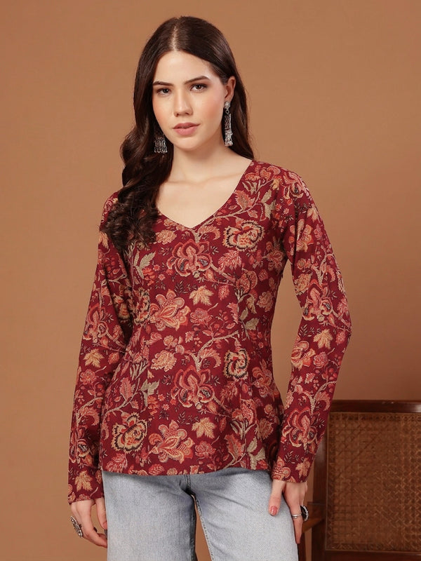 Stylum Women's Red Floral Printed Cotton Straight Top (TOPREDKRISH)