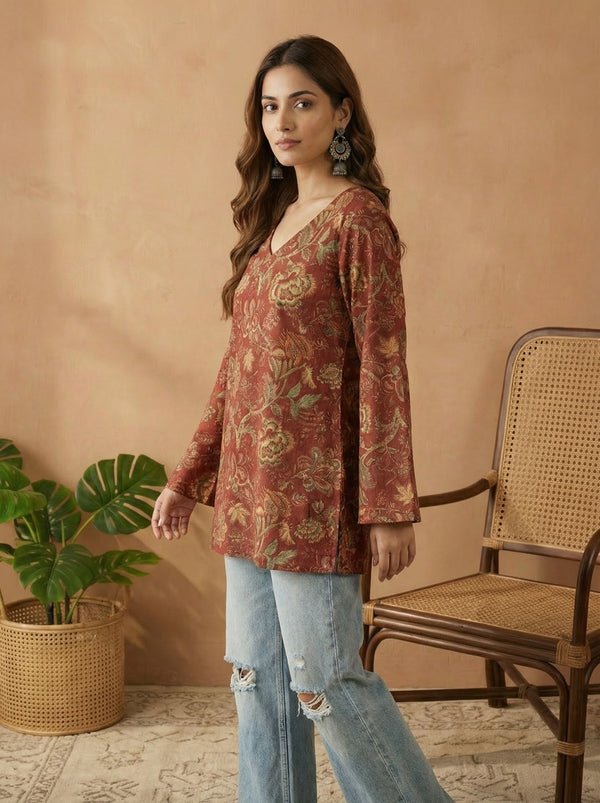 Stylum Women's Red Floral Printed Cotton Straight Top (TOPREDKRISH)