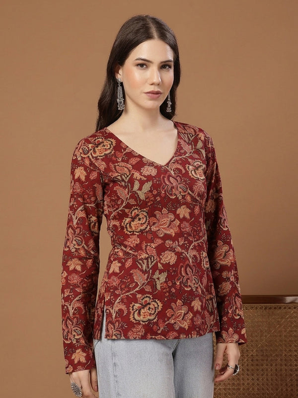 Stylum Women's Red Floral Printed Cotton Straight Top (TOPREDKRISH)