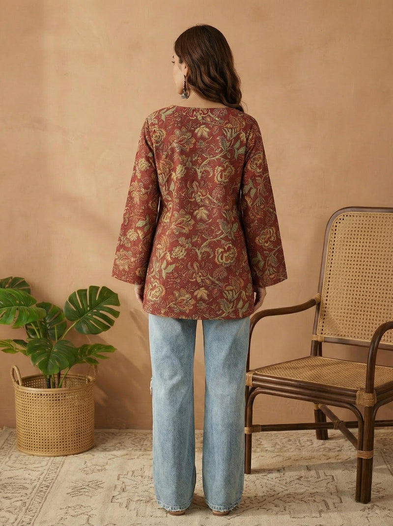 Stylum Women's Red Floral Printed Cotton Straight Top (TOPREDKRISH)