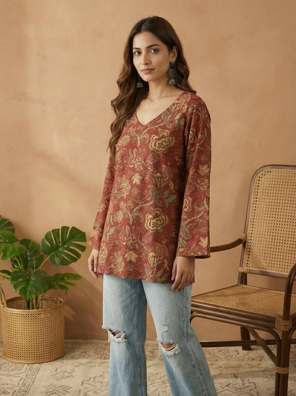 Stylum Women's Red Floral Printed Cotton Straight Top (TOPREDKRISH)