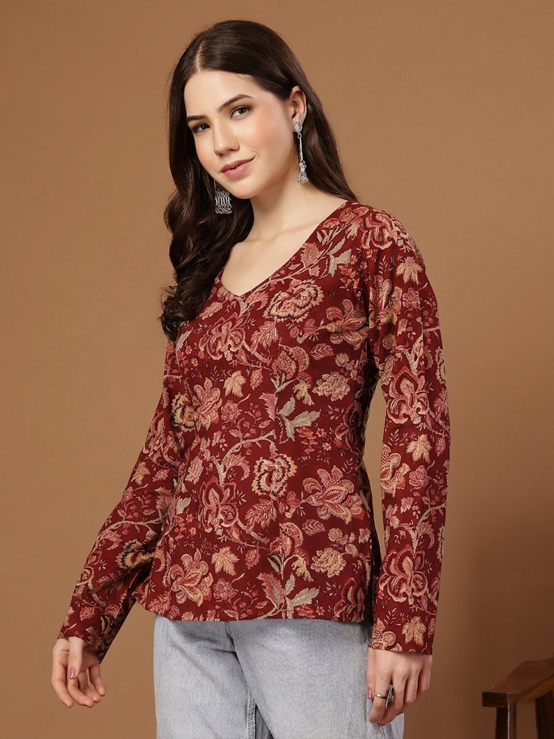 Stylum Women's Red Floral Printed Cotton Straight Top (TOPREDKRISH)