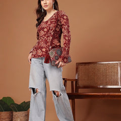 Stylum Women's Red Floral Printed Cotton Straight Top (TOPREDKRISH)