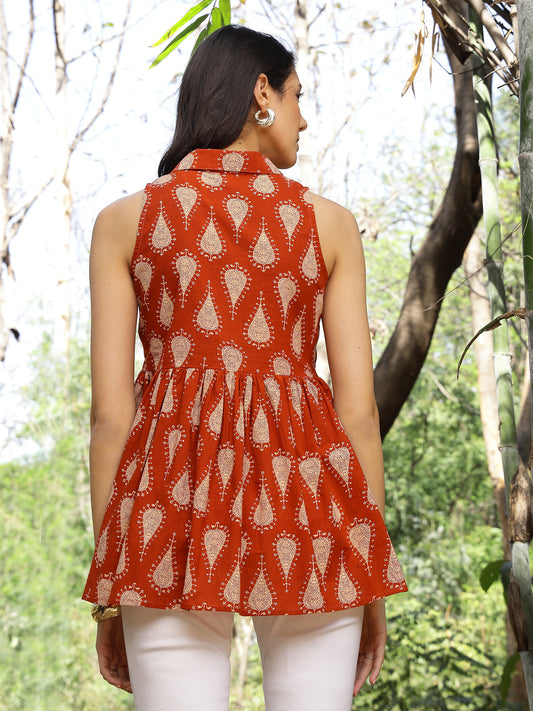 Stylum Women's Rust Ethnic Printed Cotton Peplum Top (TOPRUSTFOMI)