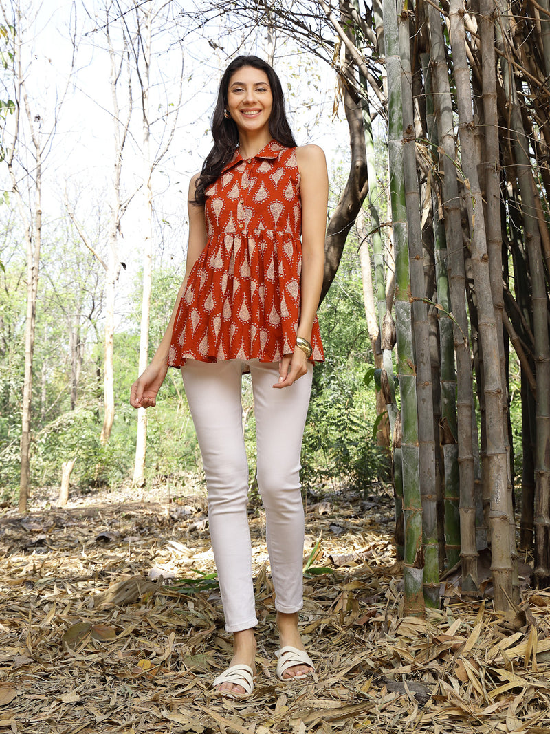 Stylum Women's Rust Ethnic Printed Cotton Peplum Top (TOPRUSTFOMI)
