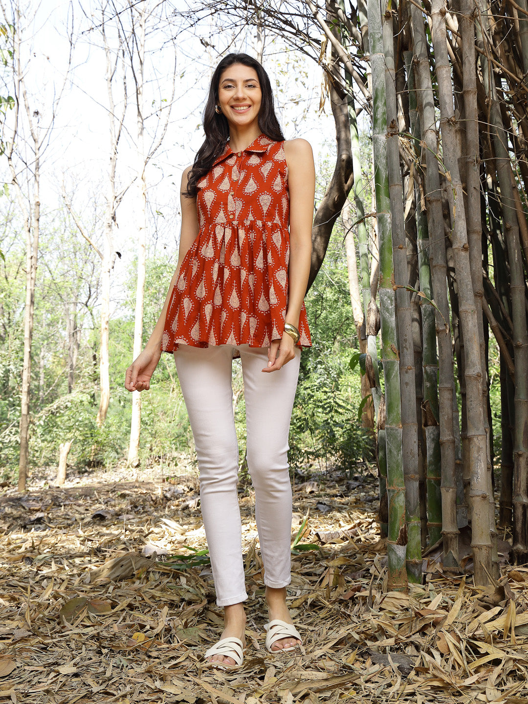 Stylum Women's Rust Ethnic Printed Cotton Peplum Top (TOPRUSTFOMI)