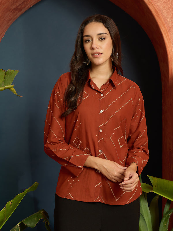 Stylum Women's Rust Bandhej Printed Cotton Shirt (TOPRUSTMANYO)