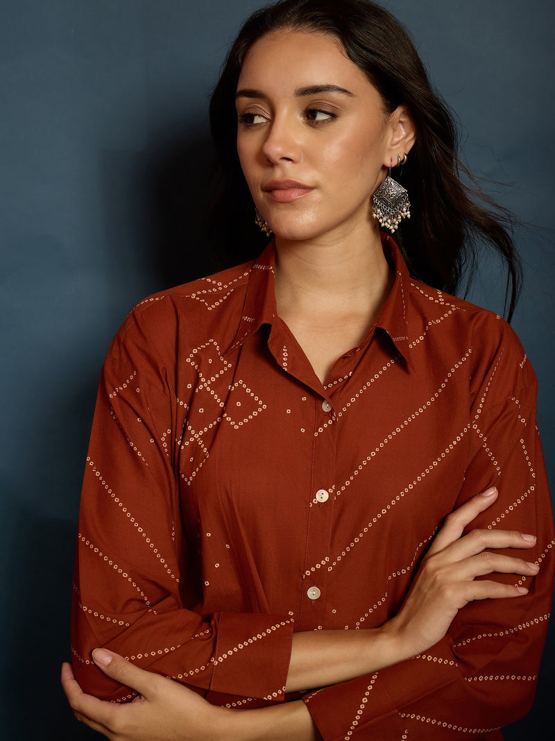 Stylum Women's Rust Bandhej Printed Cotton Shirt (TOPRUSTMANYO)