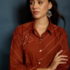 Stylum Women's Rust Bandhej Printed Cotton Shirt (TOPRUSTMANYO)