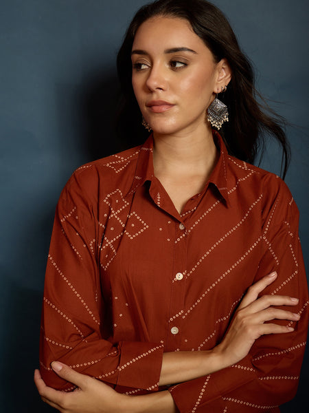 Stylum Women's Rust Bandhej Printed Cotton Shirt (TOPRUSTMANYO)