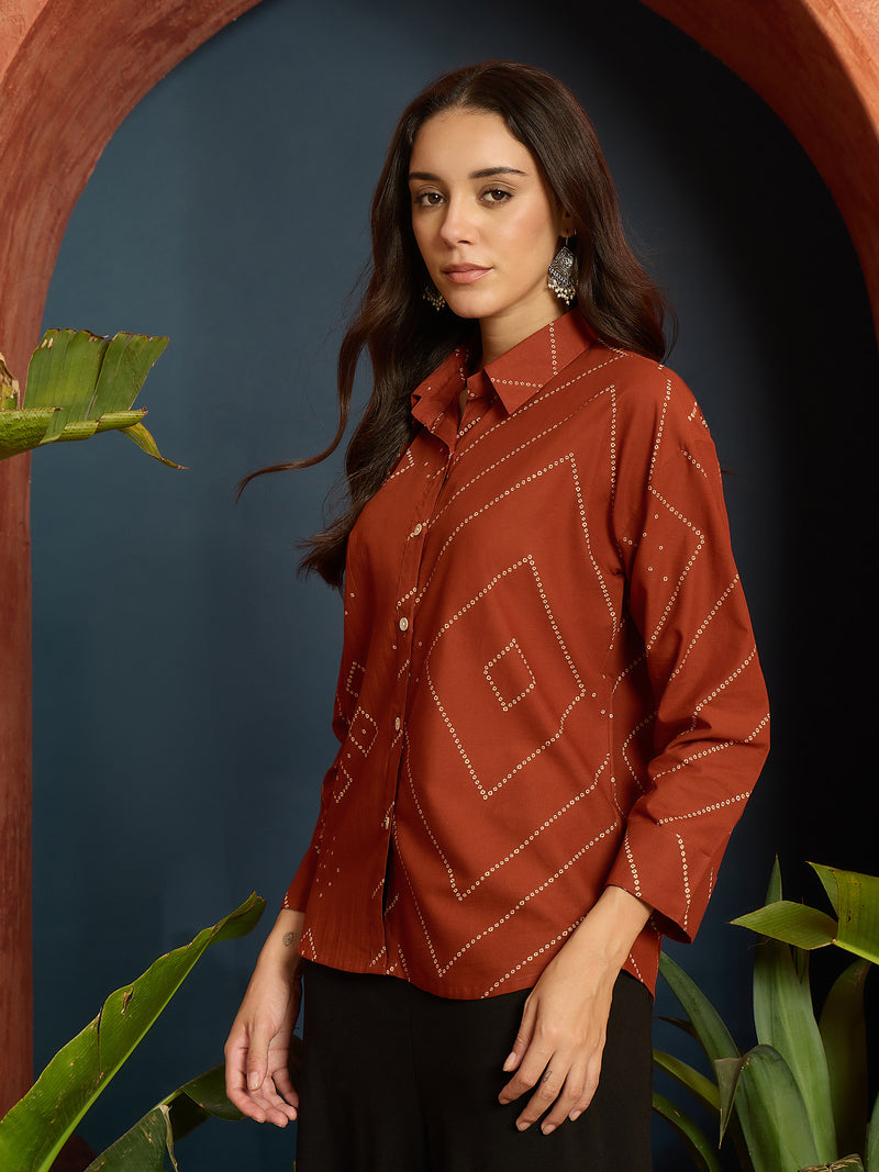 Stylum Women's Rust Bandhej Printed Cotton Shirt (TOPRUSTMANYO)