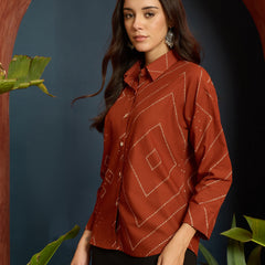Stylum Women's Rust Bandhej Printed Cotton Shirt (TOPRUSTMANYO)