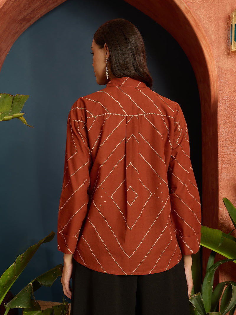 Stylum Women's Rust Bandhej Printed Cotton Shirt (TOPRUSTMANYO)