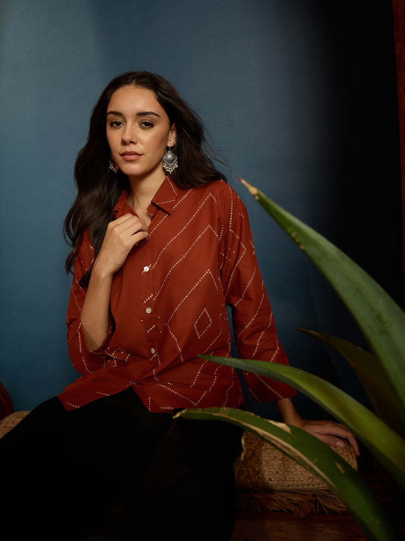 Stylum Women's Rust Bandhej Printed Cotton Shirt (TOPRUSTMANYO)