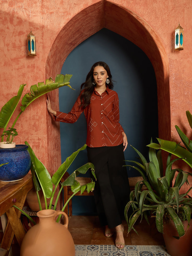 Stylum Women's Rust Bandhej Printed Cotton Shirt (TOPRUSTMANYO)