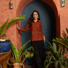 Stylum Women's Rust Bandhej Printed Cotton Shirt (TOPRUSTMANYO)