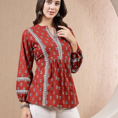 Stylum Women's Rust Ethnic Motif Printed Cotton Empire Top (TOPRUSTMUFFIN)
