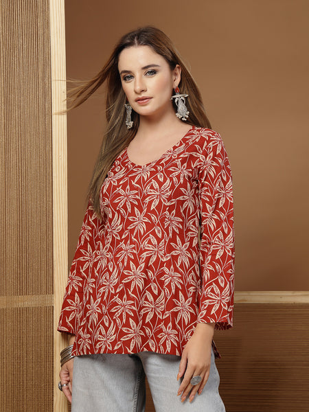 Stylum Women's Rust Floral Printed Cotton Straight Top (TOPRUSTSCAR)