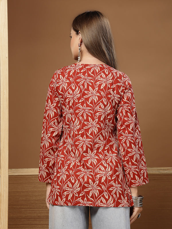 Stylum Women's Rust Floral Printed Cotton Straight Top (TOPRUSTSCAR)