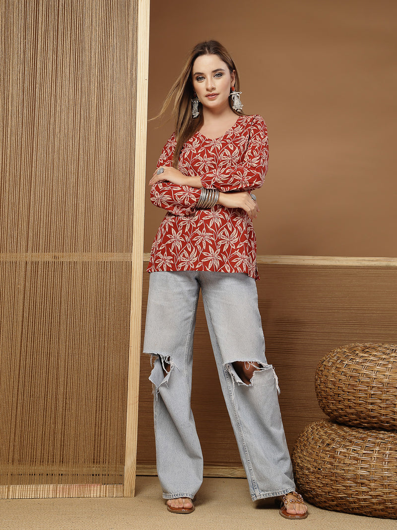 Stylum Women's Rust Floral Printed Cotton Straight Top (TOPRUSTSCAR)