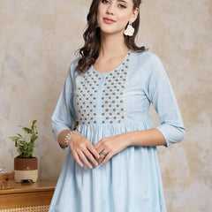 Stylum Women's Sky Blue Solid & Embroidered Cotton Blend Peplum Top (TOPSKYFAISA)